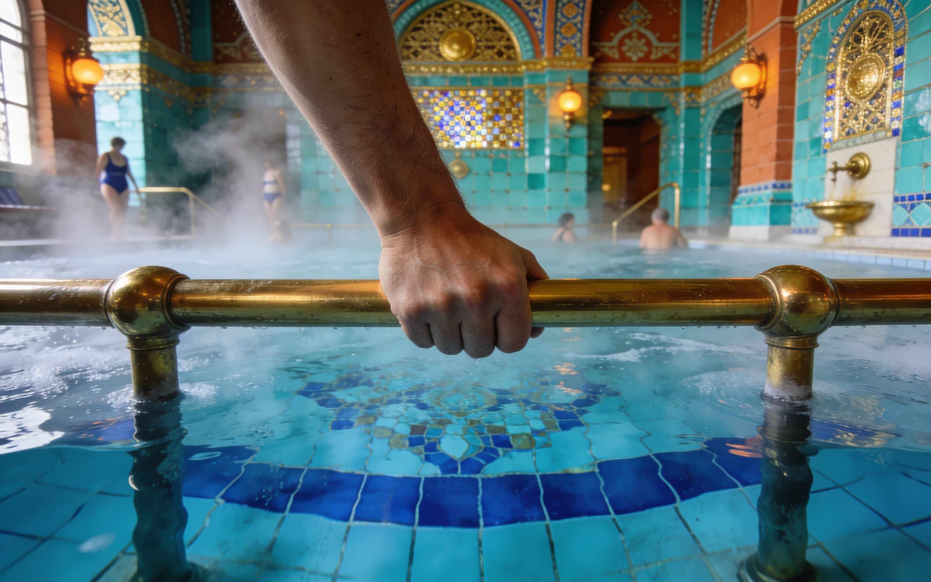 A hand on a brass rail above icy clear blue water