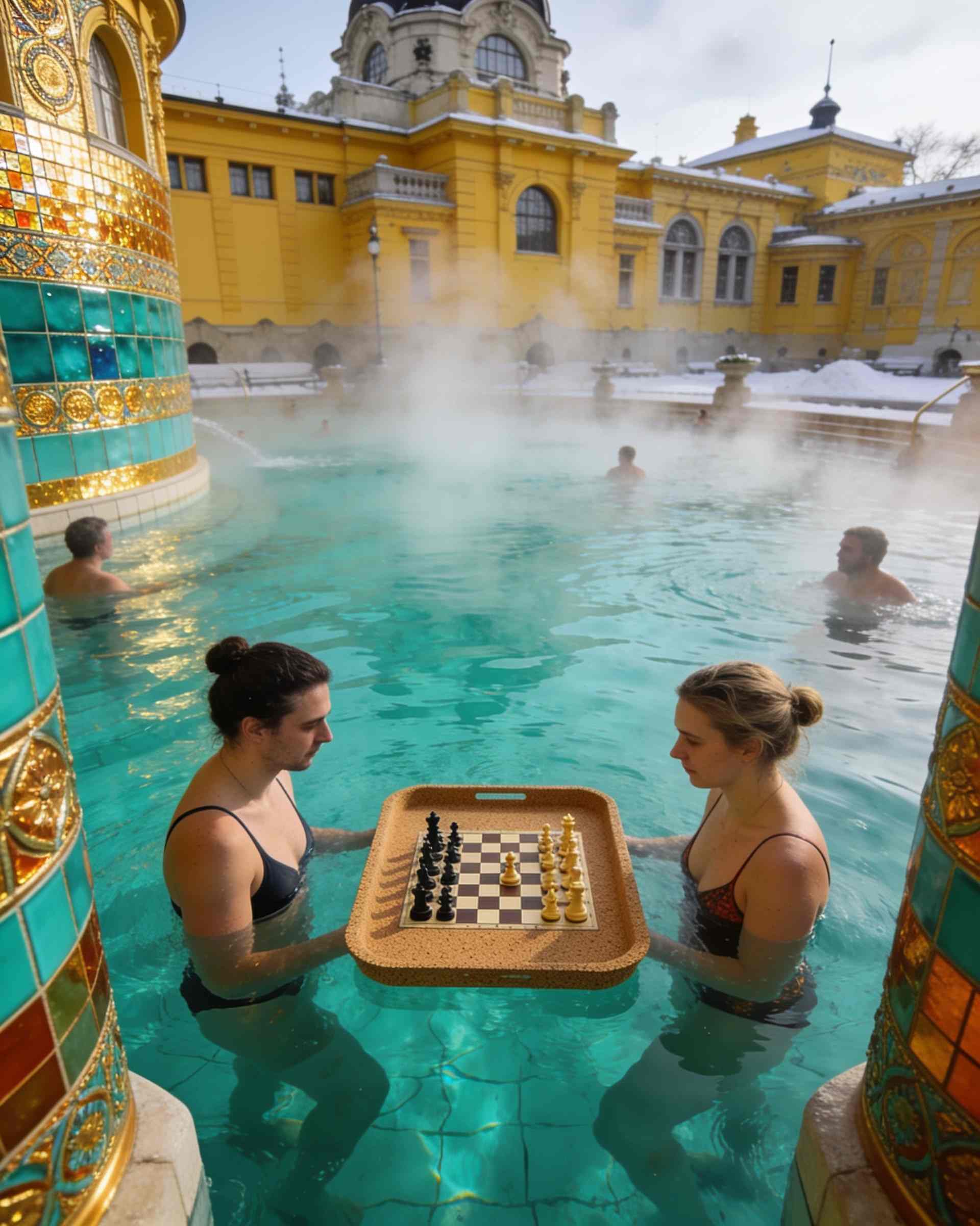 An outdoor courtyard pool steaming in winter air, surrounded by a yellow building, bathers playing chess on a floating board