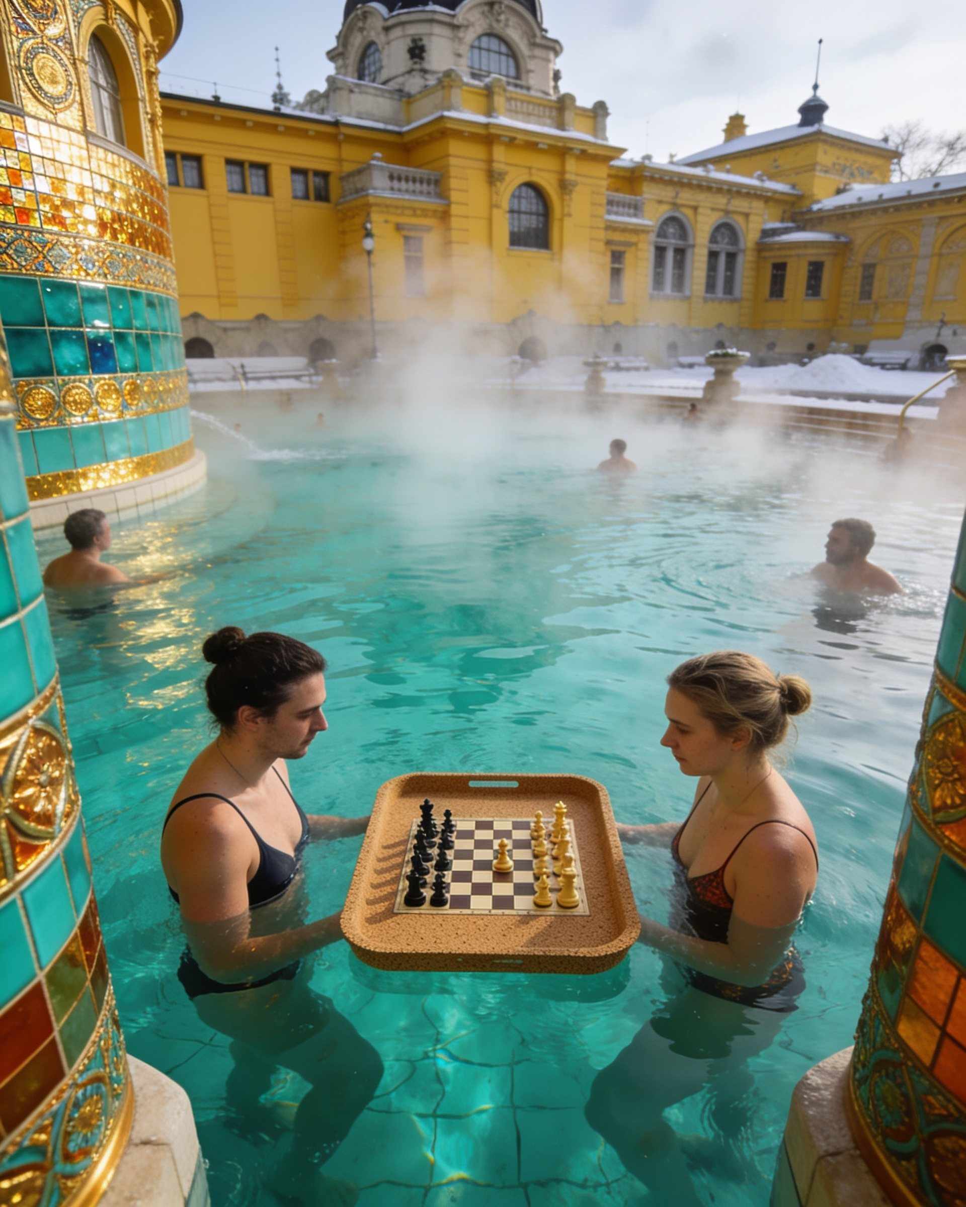 An outdoor courtyard pool steaming in winter air, surrounded by a yellow building, bathers playing chess on a floating board