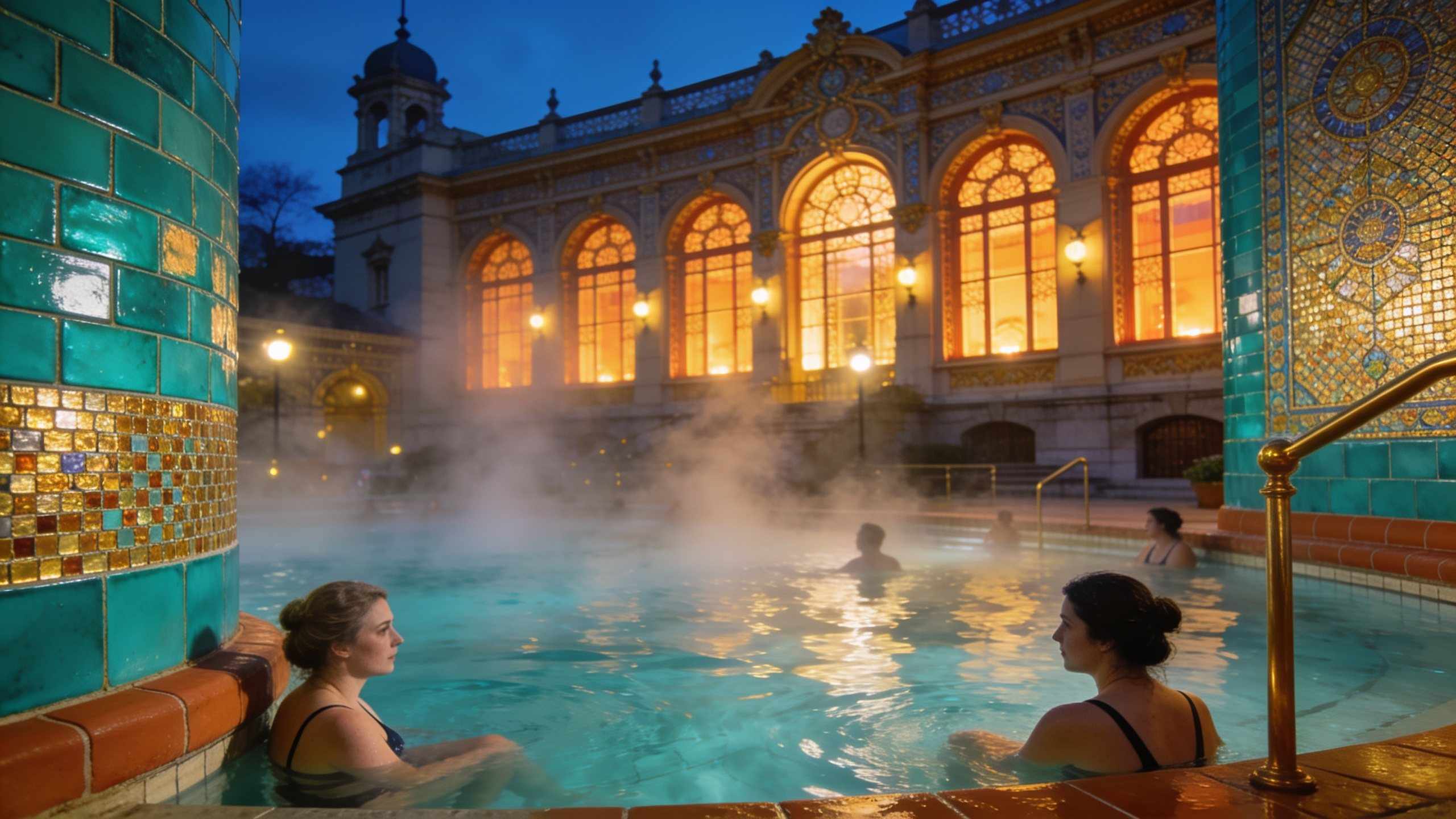 A steaming outdoor thermal pool at blue hour, warm lit windows of the yellow bath building around it