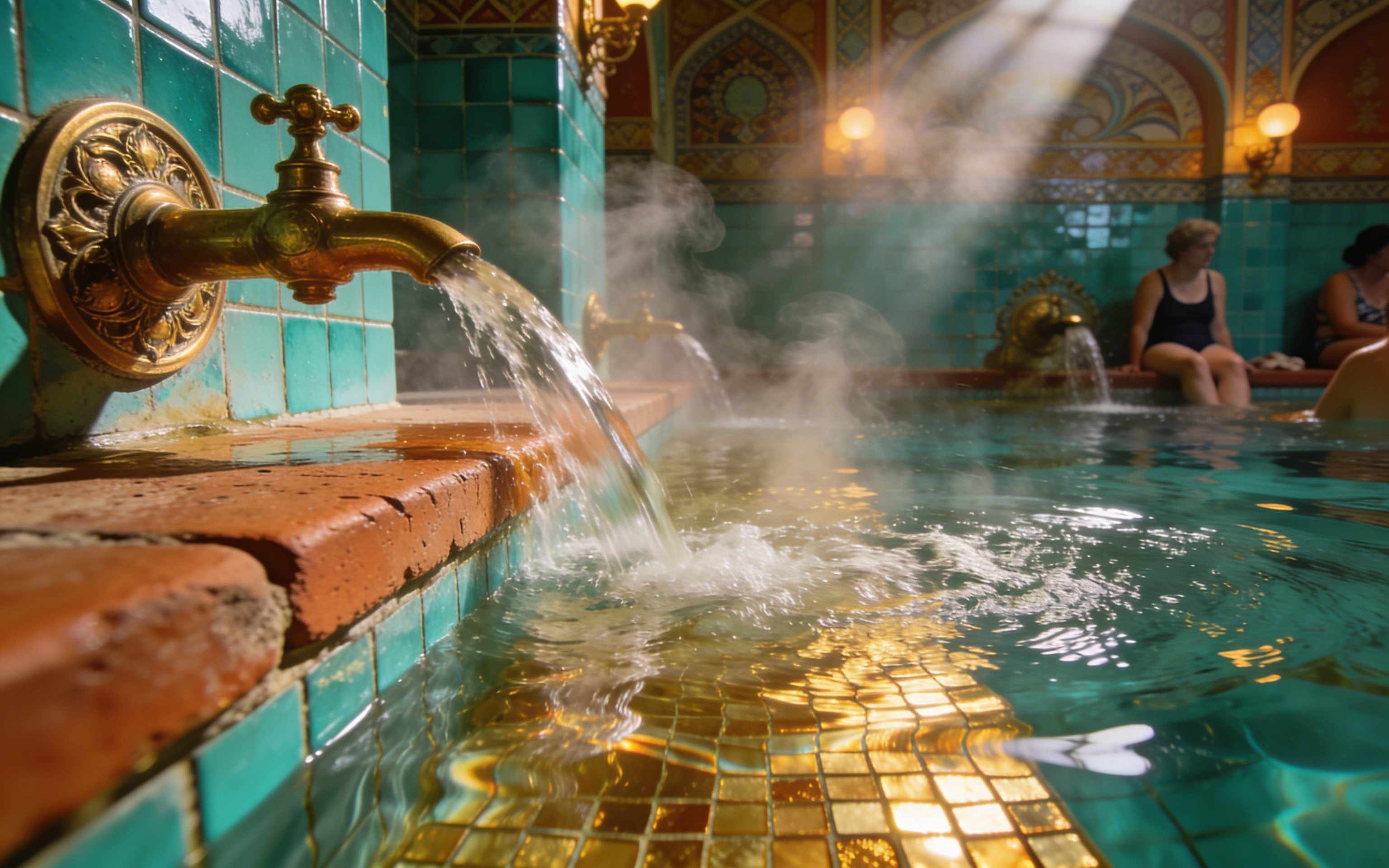 Steaming mineral water flowing over a terracotta stone edge