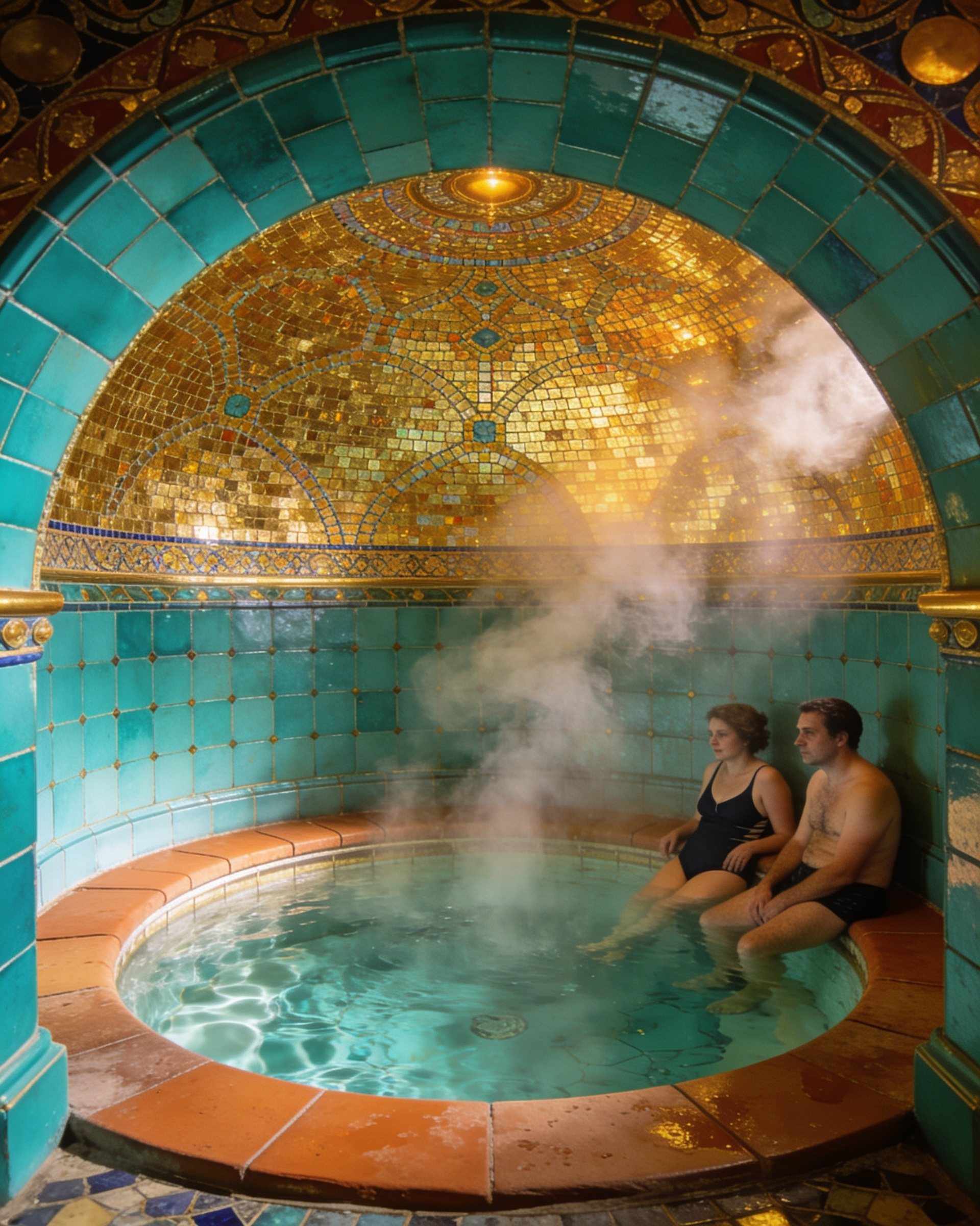 A small round hot spring pool under a golden mosaic vault, steam rising, two people at the edge