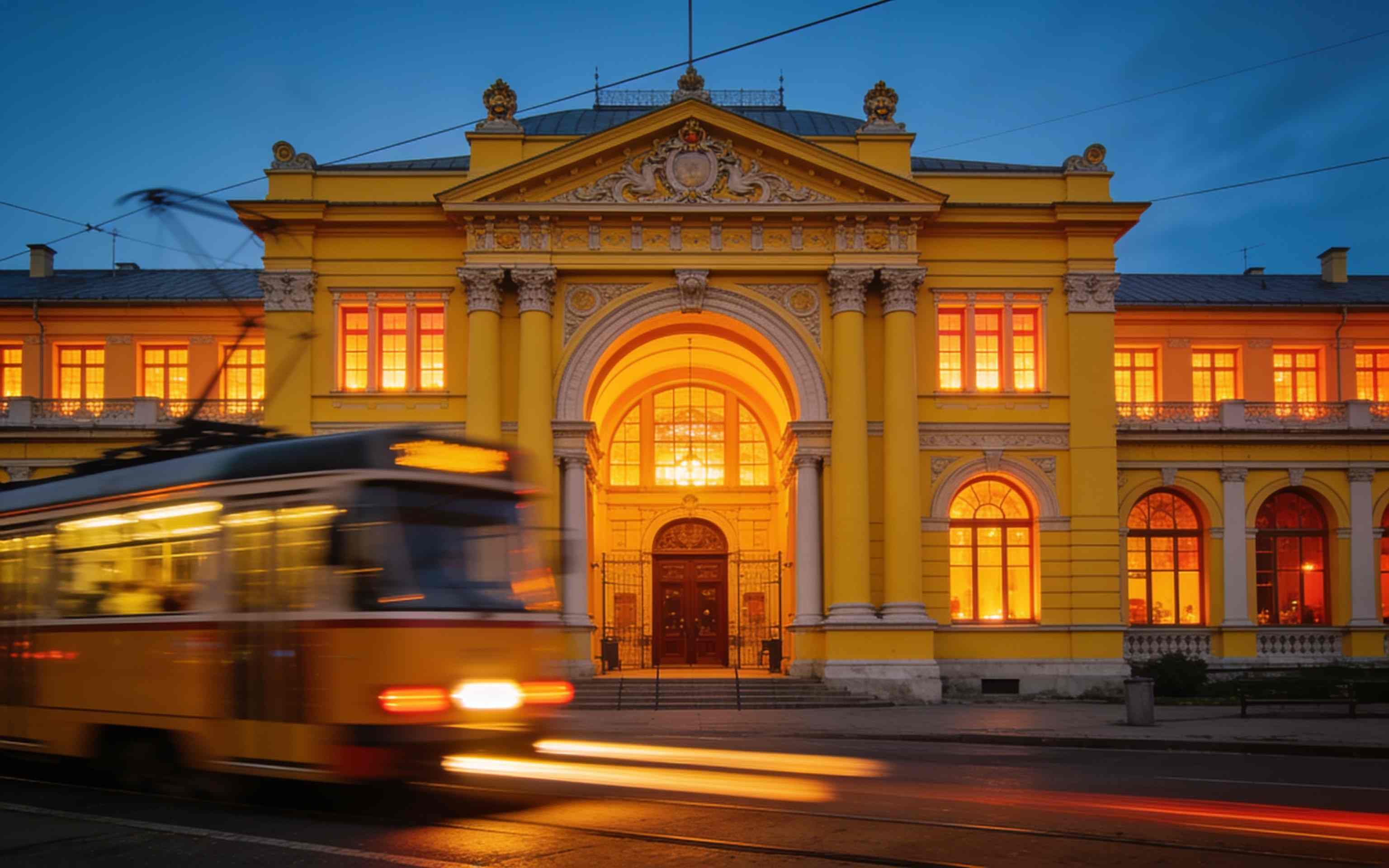 The yellow neo-baroque front of the bath house with its arched entrance in the evening, a tram passing