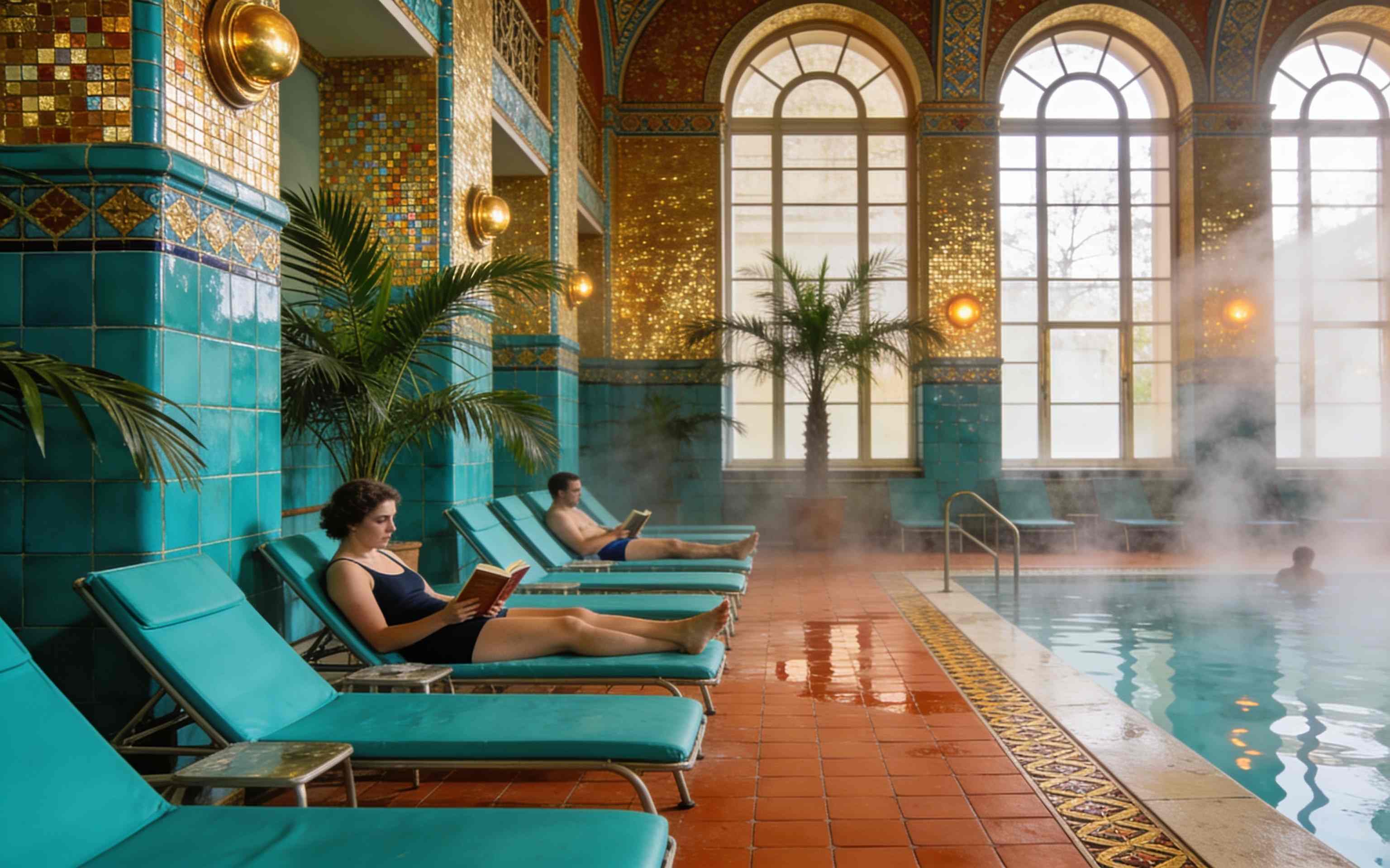 A calm massage room with terracotta walls, a wooden table and warm lamps
