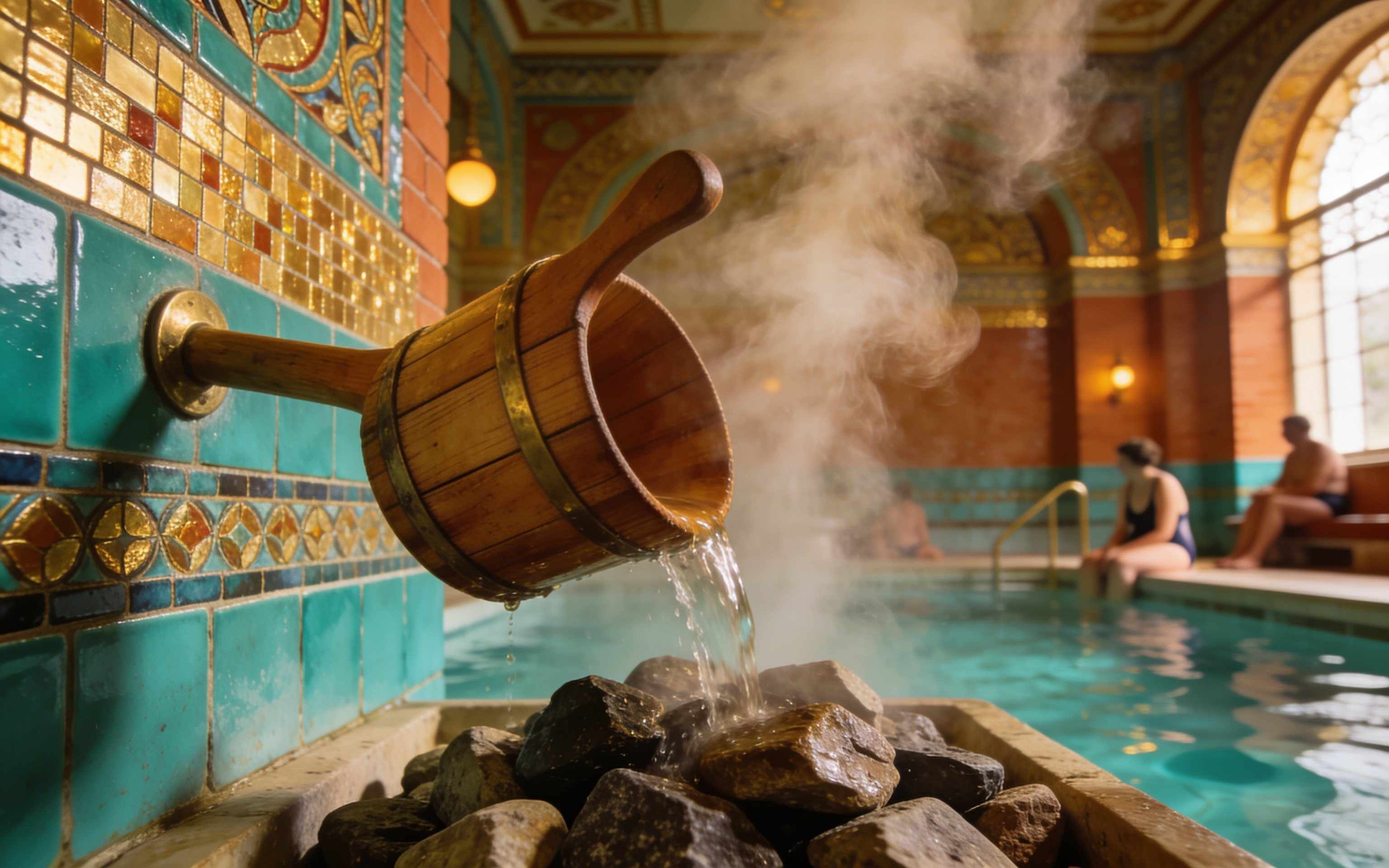 A wooden ladle pouring water onto hot stones, steam bursting