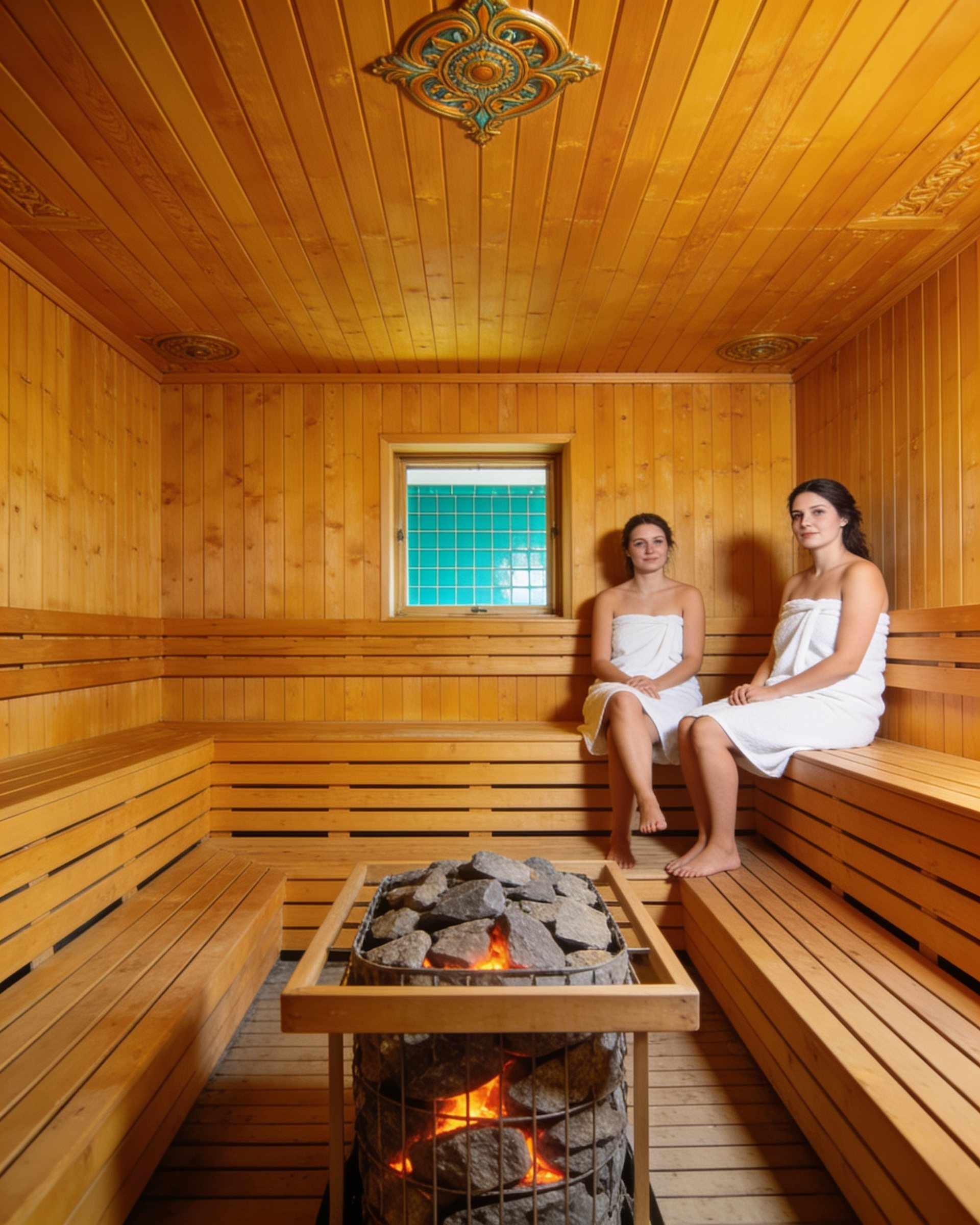 A Finnish sauna of golden wood with tiered benches and a stone stove, two women wrapped in towels