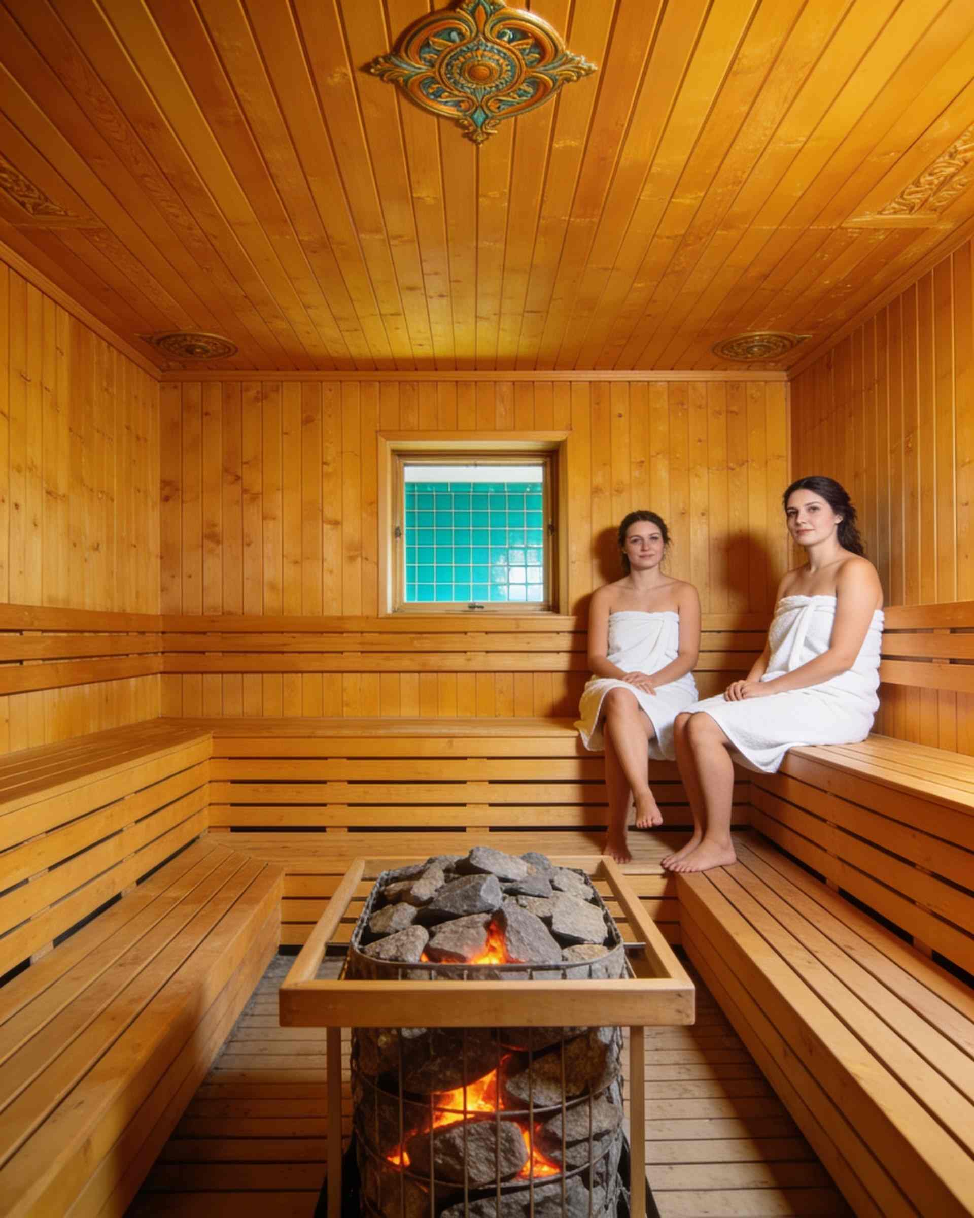 A Finnish sauna of golden wood with tiered benches and a stone stove, two women wrapped in towels