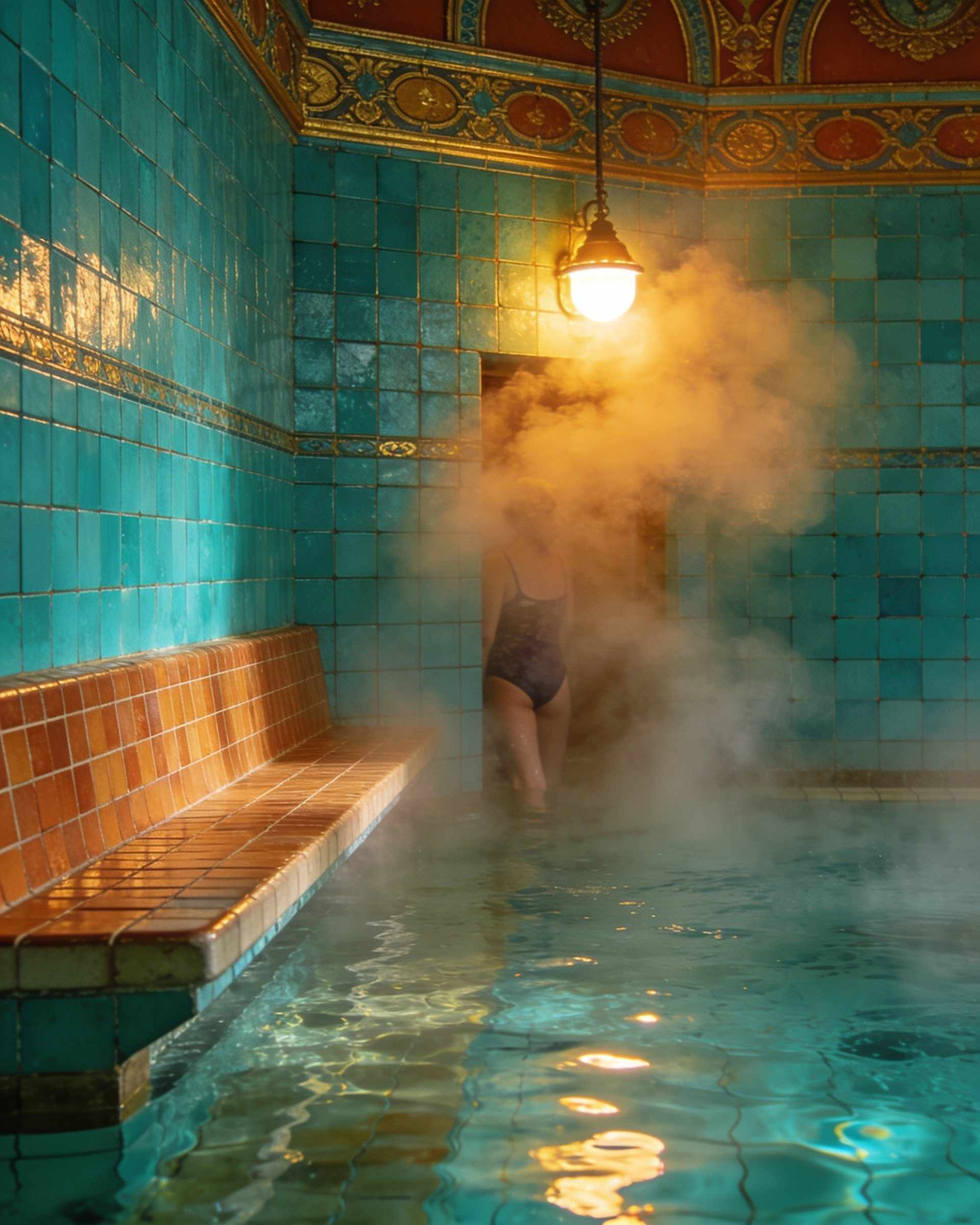 A steam room with turquoise mosaic walls and a tiled bench, thick steam lit by a warm lamp