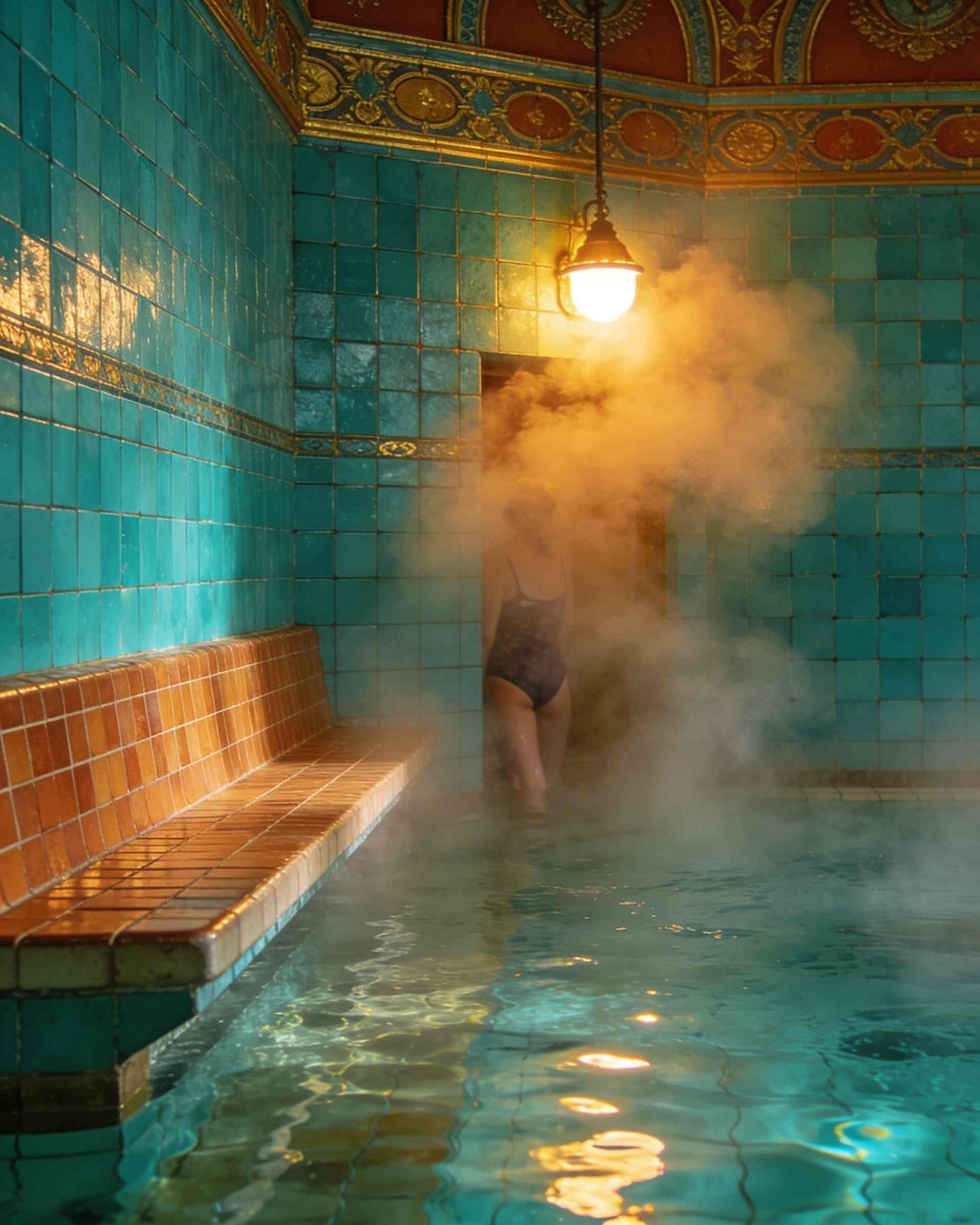 A steam room with turquoise mosaic walls and a tiled bench, thick steam lit by a warm lamp