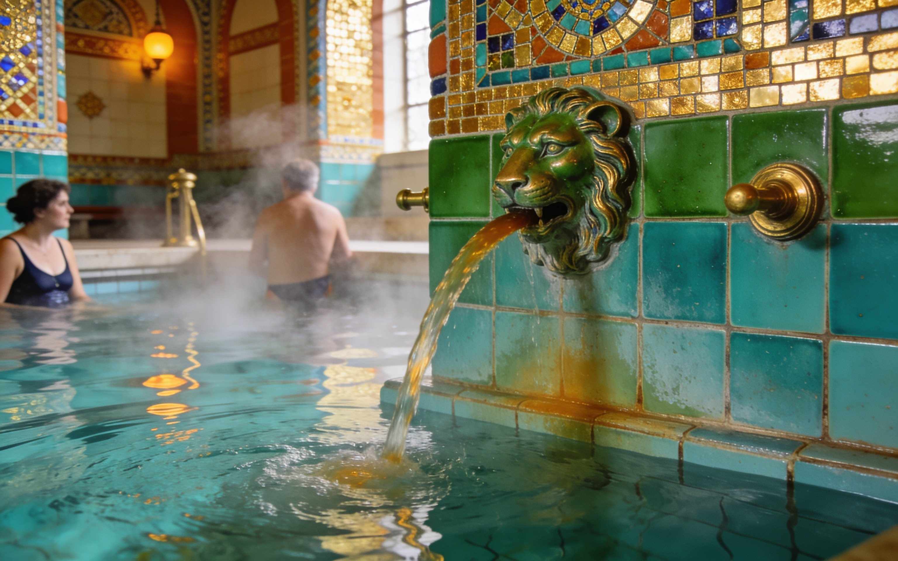 Green and gold glazed tiles and a lion-head fountain spouting warm water into the pool