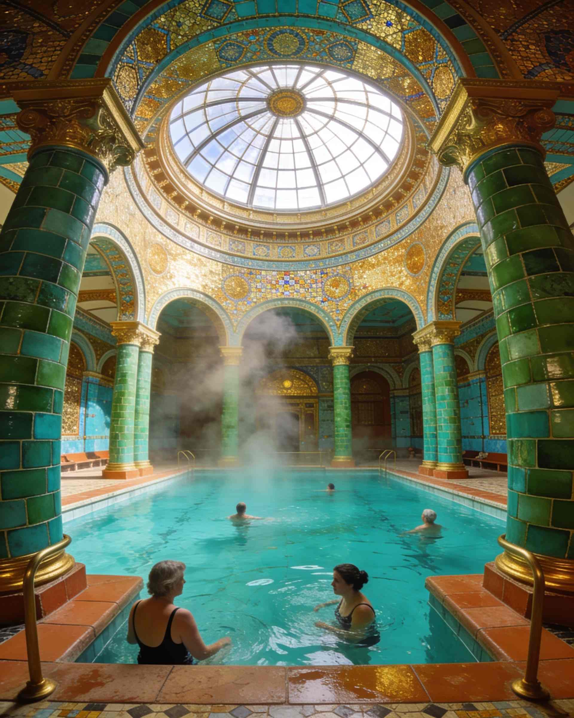 A grand domed thermal hall with a long turquoise pool and columns of green ceramic tiles, bathers floating